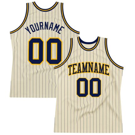 Personalized Custom Name and Number Navy Gold Pinstripe Basketball Jersey - Authentic Team Apparel Personalized Cream Navy