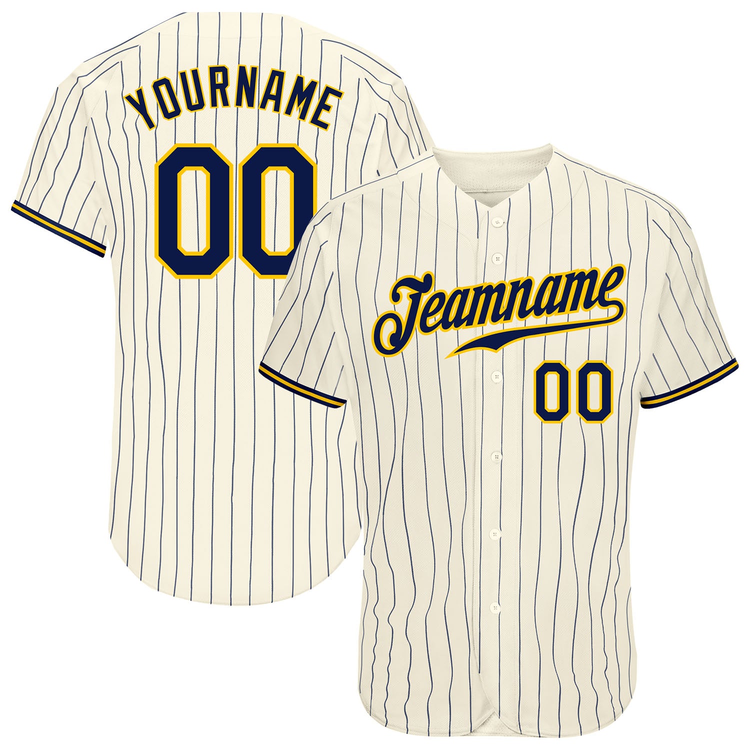 Personalized Navy-Gold Baseball Jersey with Cream Navy Pinstripe Design Personalized Cream Navy Pinstripe Navy-Gold Baseball