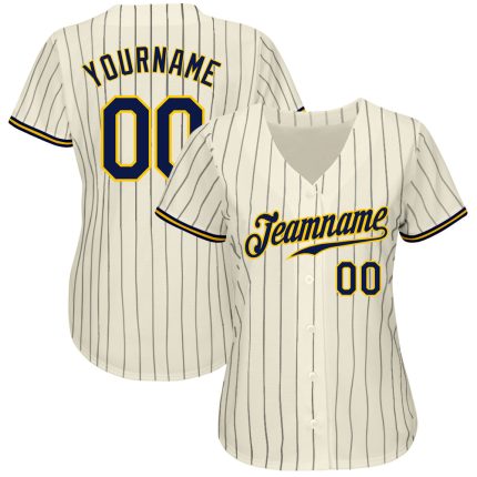 Personalized Navy-Gold Baseball Jersey with Cream Navy Pinstripe Design Personalized Cream Navy Pinstripe Navy-Gold Baseball