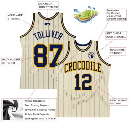 Personalized Navy-Gold Basketball Jersey with Cream Navy Pinstripe Design Personalized Cream Navy Pinstripe Navy-Gold Basketball