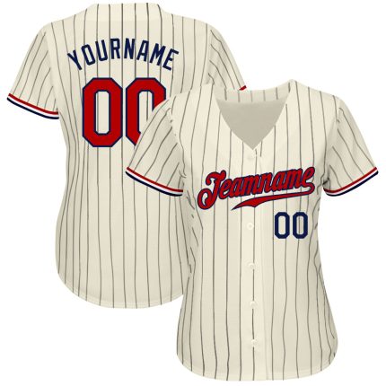 Personalized Pinstripe Baseball Jersey in Cream Navy and Red - Authentic Design Personalized Cream Navy Pinstripe Navy-Red