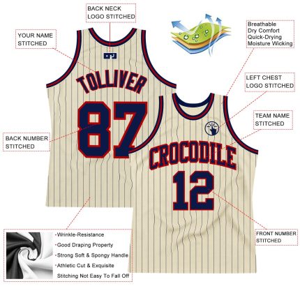 Personalized Navy Red Pinstripe Basketball Jersey - Authentic Cream Design Personalized Cream Navy Pinstripe Navy-Red Authentic