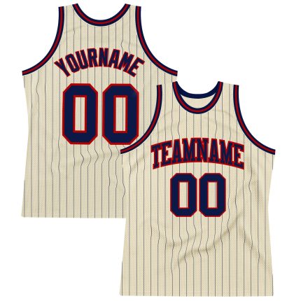 Personalized Navy Red Pinstripe Basketball Jersey - Authentic Cream Design Personalized Cream Navy Pinstripe Navy-Red Authentic
