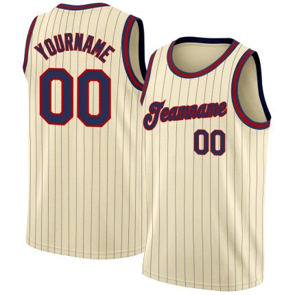 Customizable Navy-Red Authentic Basketball Jersey with Personalized Name and Number, Cream Navy Pinstripe Design Personalized