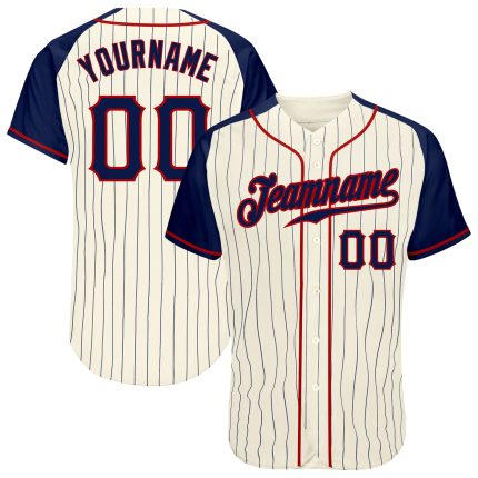 Custom Name Number Authentic Pinstripe Baseball Jersey Personalized Cream Navy-Red Raglan Sleeves Personalized Cream Navy