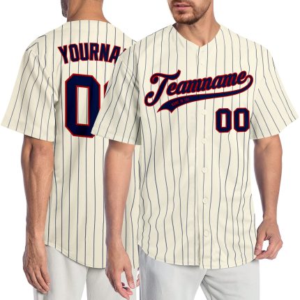 Personalized Navy-Red Baseball Jersey with Cream Navy Pinstripe Design Personalized Cream Navy Pinstripe Navy-Red Baseball