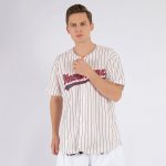 Personalized Navy Red Baseball Jersey - Cream Navy Pinstripe Design Personalized Cream Navy Pinstripe Navy-Red Baseball Jersey