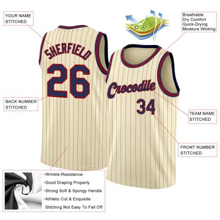 Personalized Navy Red Basketball Jersey with Cream Pinstripe Design Personalized Cream Navy Pinstripe Navy-Red Basketball