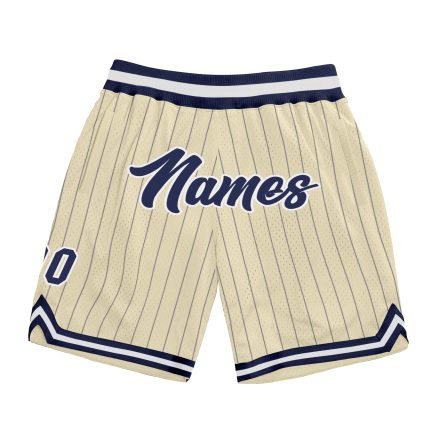 Personalized Navy-White Pinstripe Basketball Shorts for Men, Cream Color Personalized Cream Navy Pinstripe Navy-White Basketball