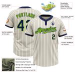 Custom cream, navy and neon green pinstripe softball jersey, detail of the printed panel