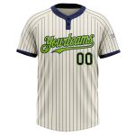Custom cream, navy and neon green pinstripe softball jersey, back view