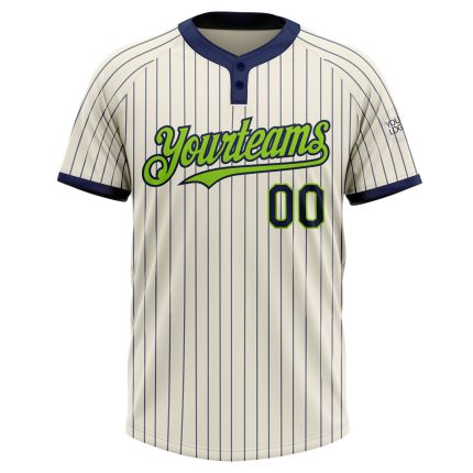 Custom cream, navy and neon green pinstripe softball jersey, back view