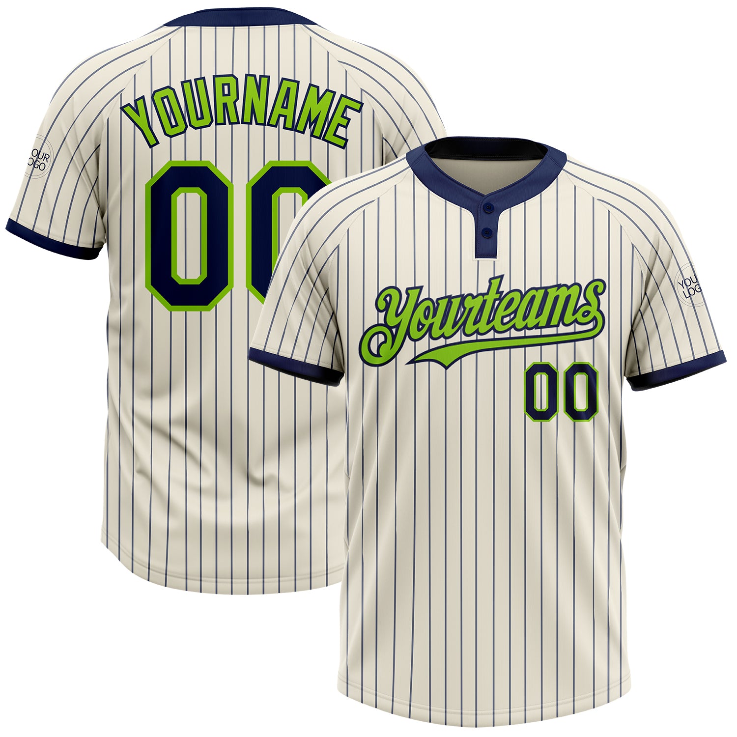 Custom Name and Number Unisex Softball Jersey Personalized Cream Navy Pinstripe Two-Button Neon Green Personalized Cream