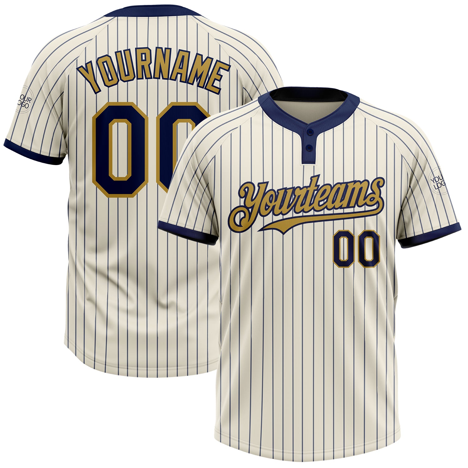 Custom Personalized Softball Jersey with Name & Number - Cream Navy Pinstripe Old Gold Two-Button Unisex Personalized Cream
