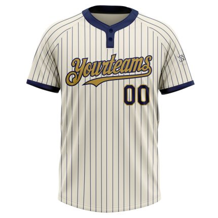 Custom Personalized Softball Jersey with Name & Number - Cream Navy Pinstripe Old Gold Two-Button Unisex Personalized Cream