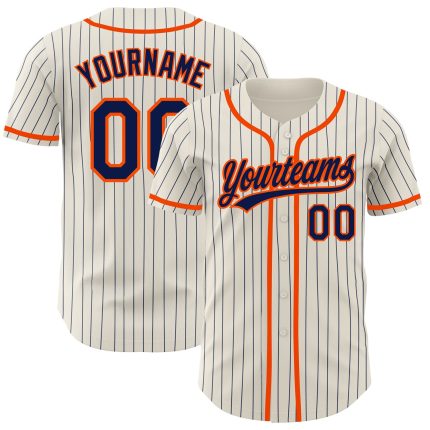 Personalized Navy Pinstripe Baseball Jersey with Orange Accents - Custom Cream Jersey Personalized Cream Navy Pinstripe Orange