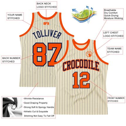 Personalized Navy Pinstripe Orange Basketball Jersey - Custom Cream Color Jersey Personalized Cream Navy Pinstripe Orange