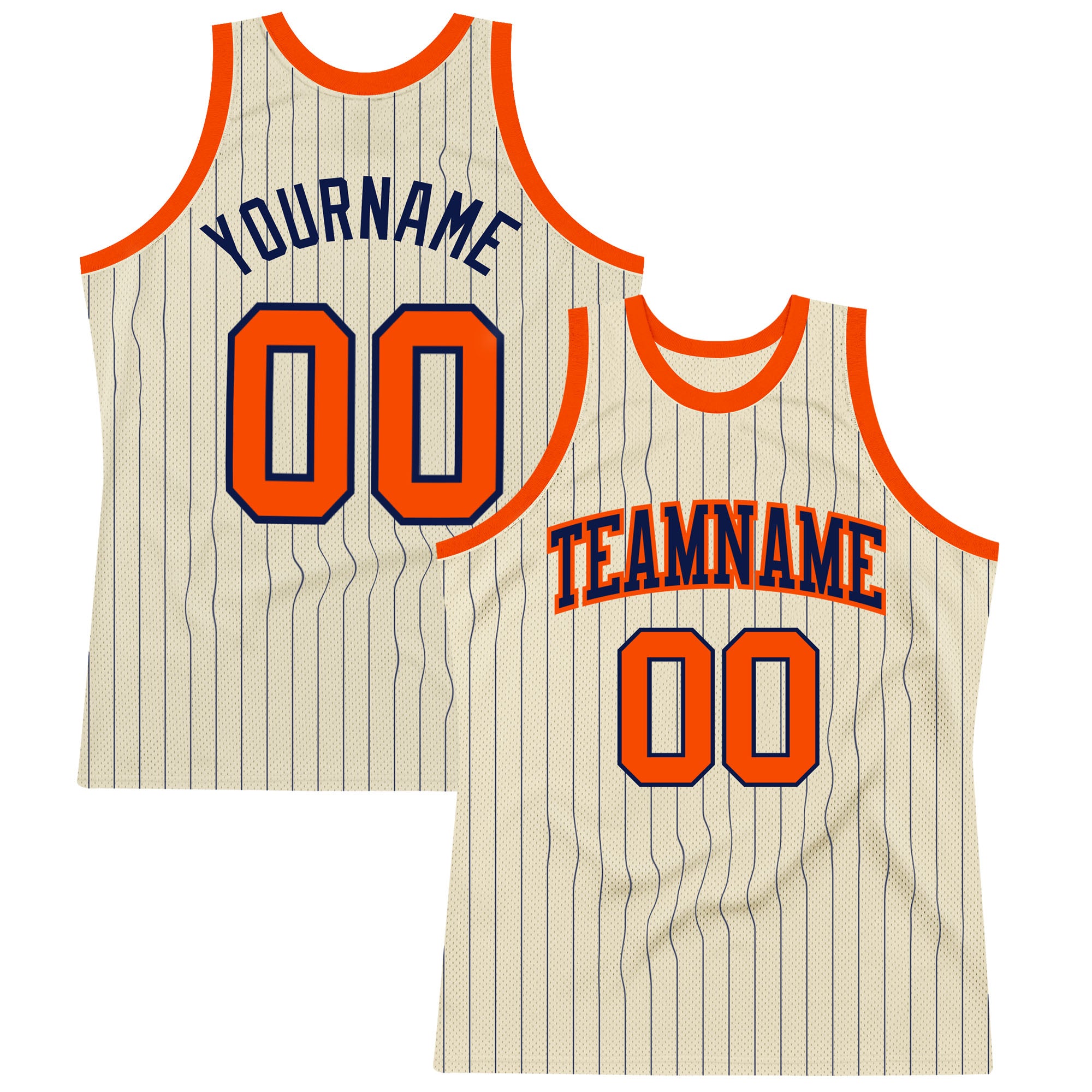 Personalized Navy Pinstripe Orange Basketball Jersey - Custom Cream Color Jersey Personalized Cream Navy Pinstripe Orange