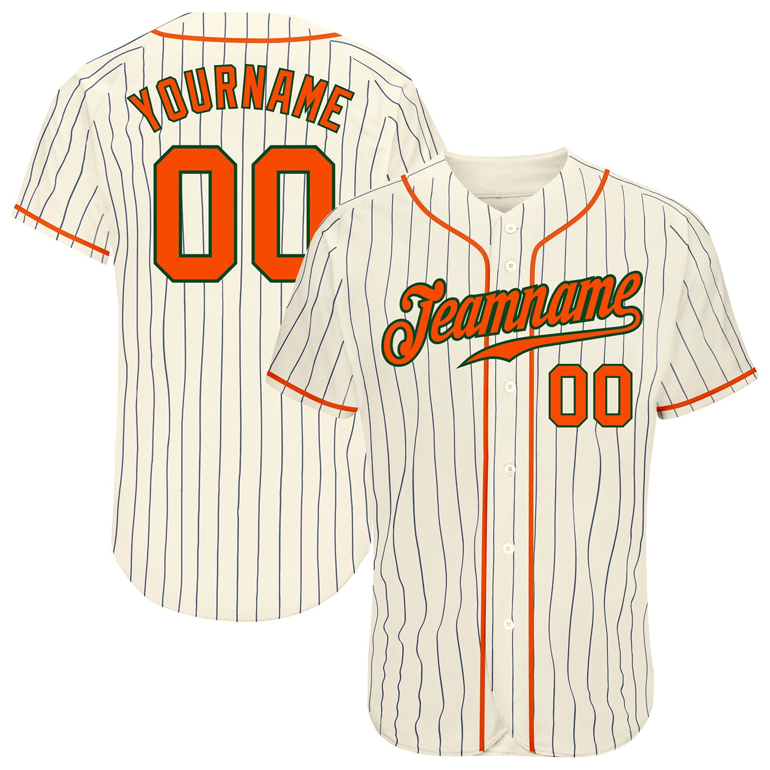 Custom Name Number Authentic Baseball Jersey - Personalized Cream Navy Pinstripe Orange Green Design Personalized Cream Navy