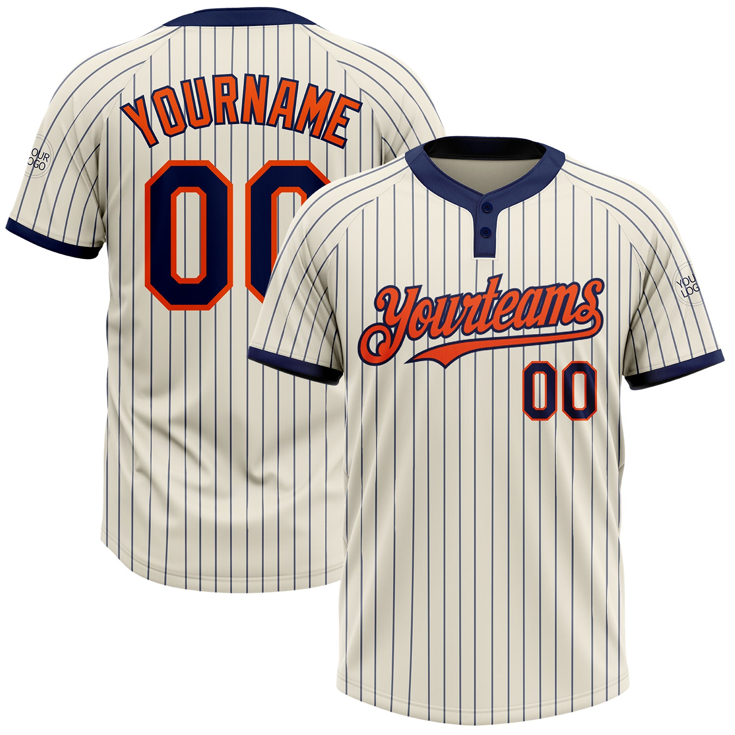 Custom Softball Jersey with Personalized Name & Number, Cream & Navy Pinstripe, Unisex, Two-Button Design Personalized Cream