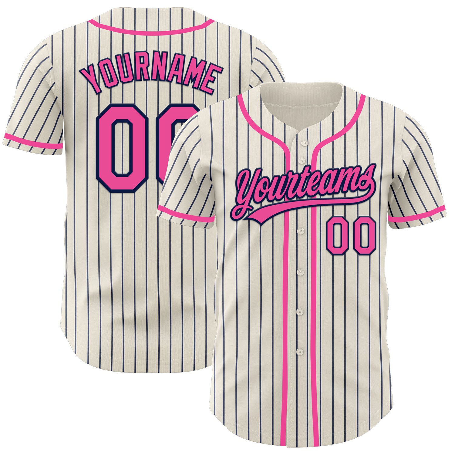 Custom Name and Number Personalized Baseball Jersey - Cream Navy Pinstripe Pink Design Personalized Cream Navy Pinstripe