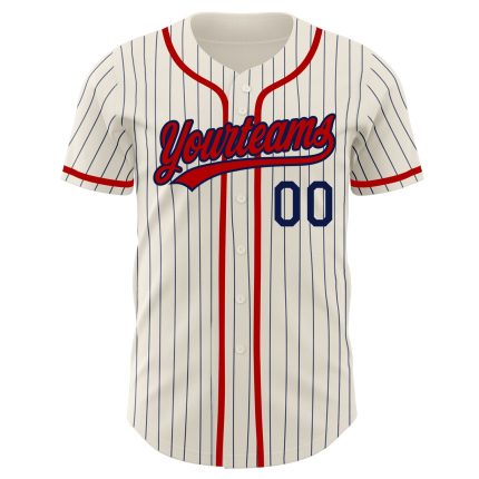 Custom Name and Number Authentic Baseball Jersey - Personalized Cream Navy Pinstripe Personalized Cream Navy Pinstripe Red