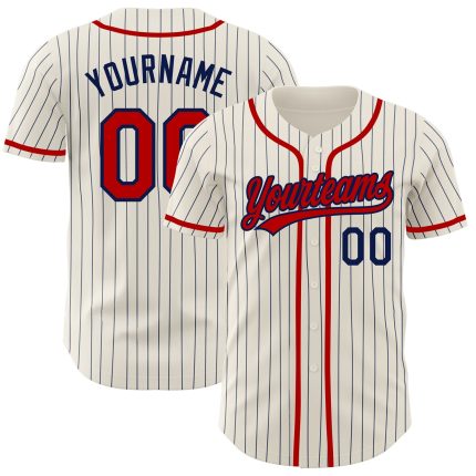 Personalized Red Baseball Jersey with Cream Navy Pinstripe Design Personalized Cream Navy Pinstripe Red Baseball Jersey