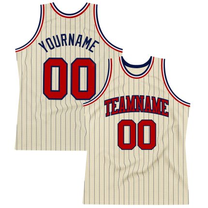 Personalized Red Basketball Jersey - Cream Navy Pinstripe Custom Design Personalized Cream Navy Pinstripe Red Basketball