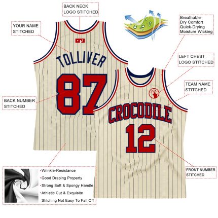 Personalized Red Basketball Jersey - Cream Navy Pinstripe Custom Design Personalized Cream Navy Pinstripe Red Basketball
