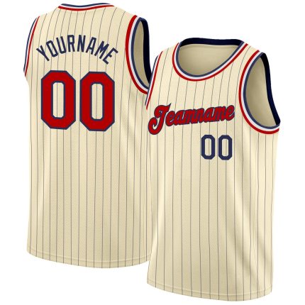 Personalized Navy Pinstripe Basketball Jersey in Cream Red and Black Personalized Cream Navy Pinstripe Red-Black Basketball