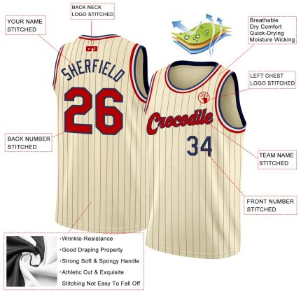 Personalized Navy Pinstripe Basketball Jersey in Cream Red and Black Personalized Cream Navy Pinstripe Red-Black Basketball