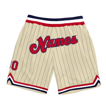 Personalized Red-Navy Basketball Shorts with Cream Navy Pinstripe Design Personalized Cream Navy Pinstripe Red-Navy Basketball