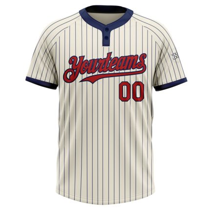 Custom Name and Number Softball Jersey - Personalized Two-Button Navy Pinstripe with Cream and Red Unisex Design Personalized