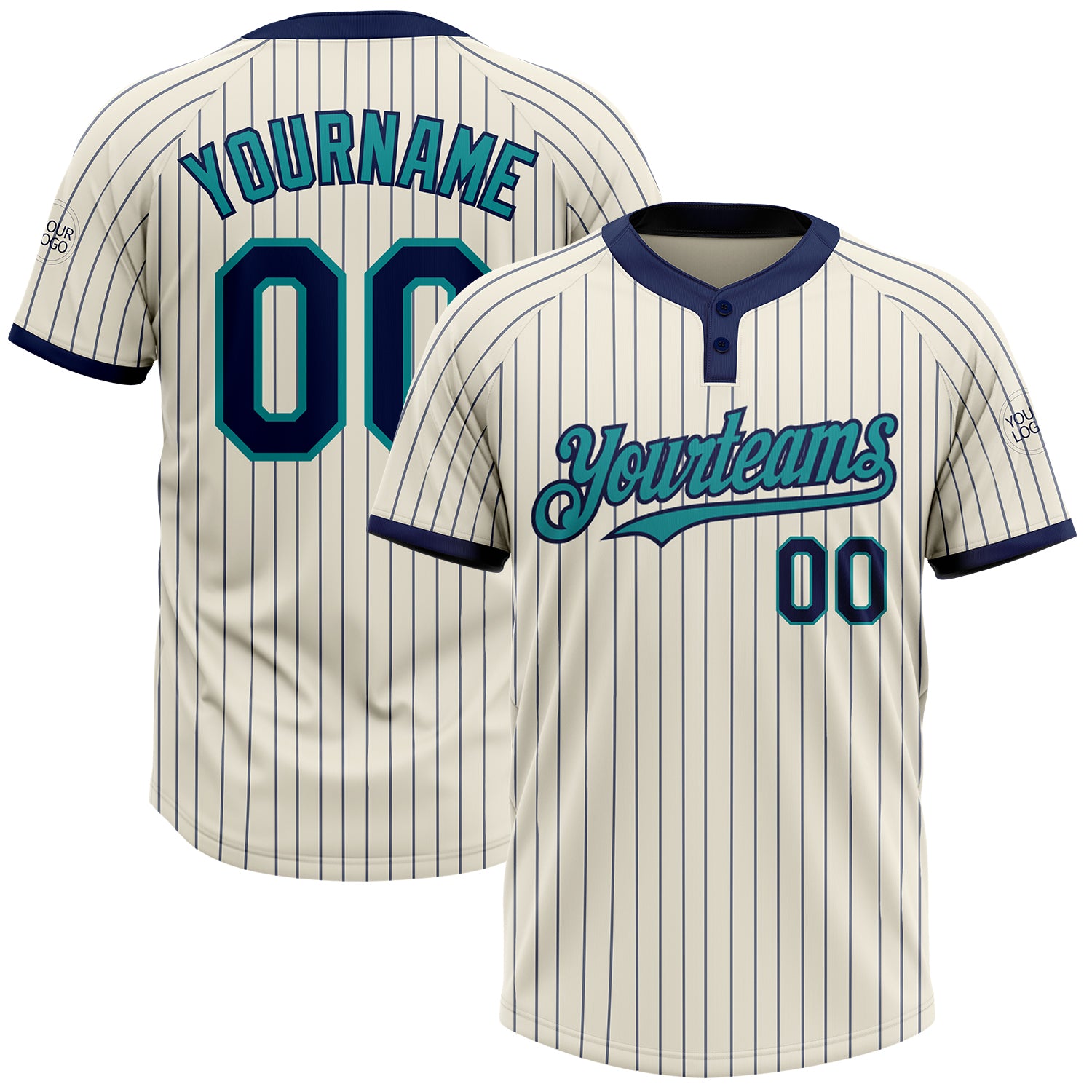 Personalized Teal Two-Button Softball Jersey Unisex Cream Navy Pinstripe Design Personalized Cream Navy Pinstripe Teal Two-Button