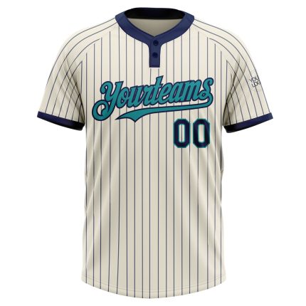 Personalized Teal Two-Button Softball Jersey Unisex Cream Navy Pinstripe Design Personalized Cream Navy Pinstripe Teal Two-Button