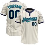Custom Name and Number Unisex Two-Button Softball Jersey - Personalized Cream Navy Pinstripe Teal Design Personalized Cream