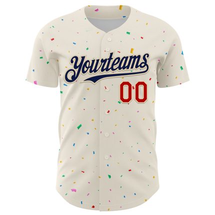 Customizable 3D Pattern Confetti Baseball Jersey - Personalized Cream Navy-Red with Name & Number Personalized Cream Navy-Red