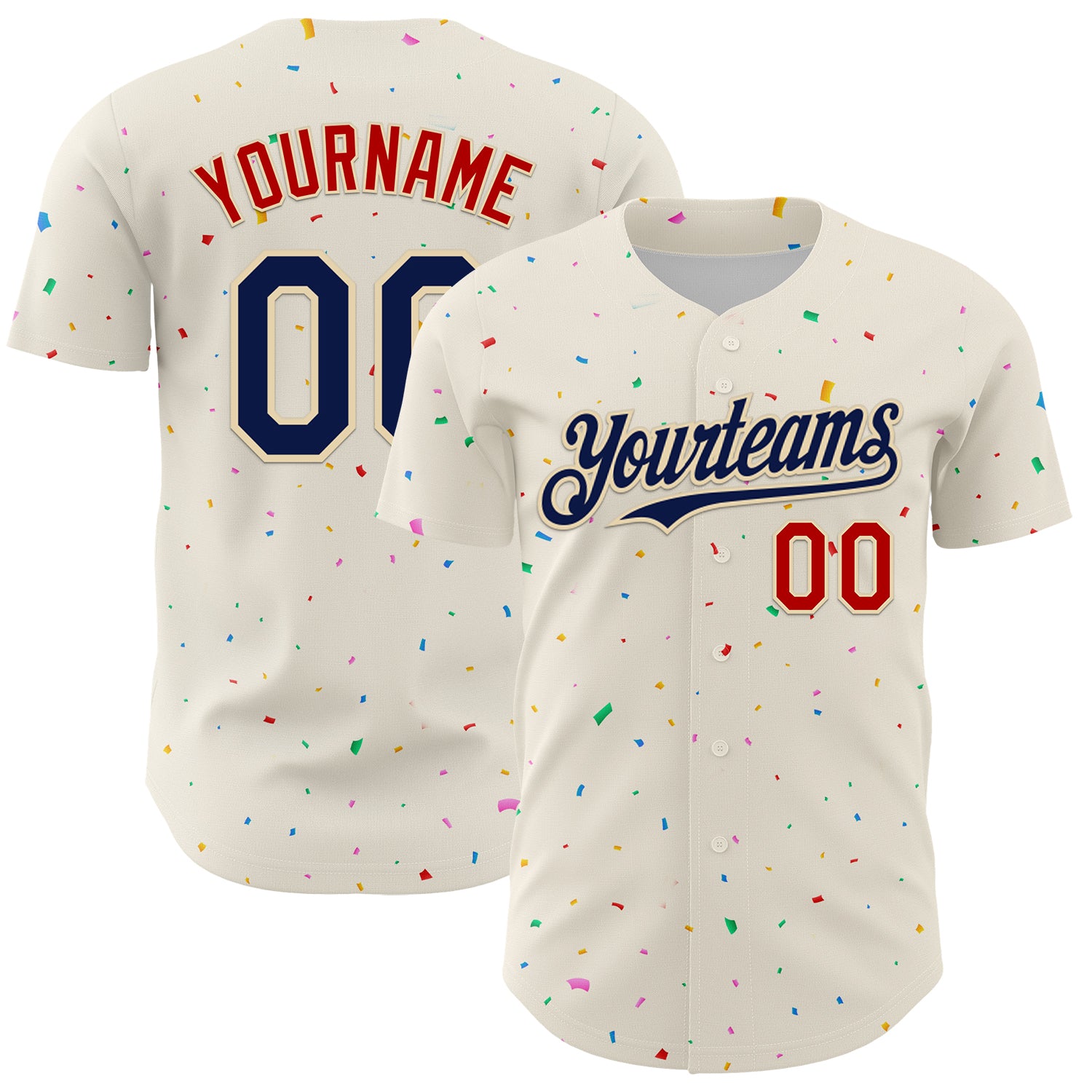 Customizable 3D Pattern Confetti Baseball Jersey - Personalized Cream Navy-Red with Name & Number Personalized Cream Navy-Red