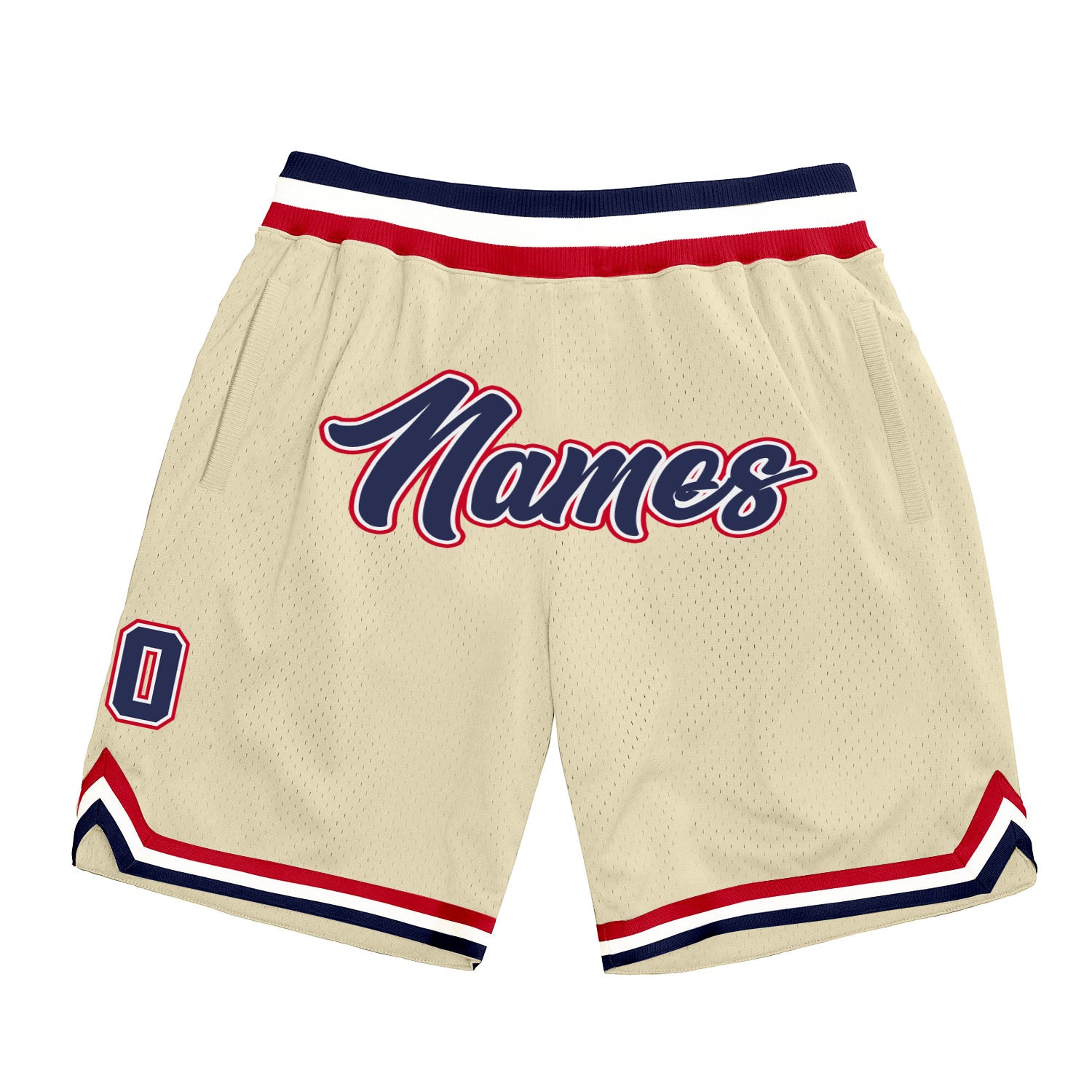 Customizable Authentic Throwback Basketball Shorts with Name and Number in Cream Navy and Red Personalized Cream Navy-Red