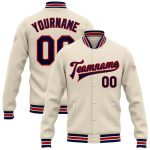 Custom Navy Red Bomber Varsity Letterman Jacket - Personalized Full-Snap Style Personalized Cream Navy-Red Bomber Full-Snap