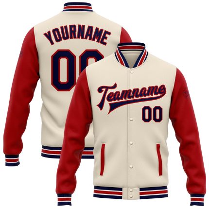 Personalized Two Tone Varsity Letterman Bomber Jacket - Cream Navy Red Full-Snap Personalized Cream Navy-Red Bomber Full-Snap