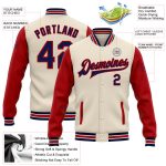 Custom Team Name Number Navy Red Cream Two Tone Varsity Letterman Full-Snap Bomber Jacket Personalized Cream Navy-Red Bomber