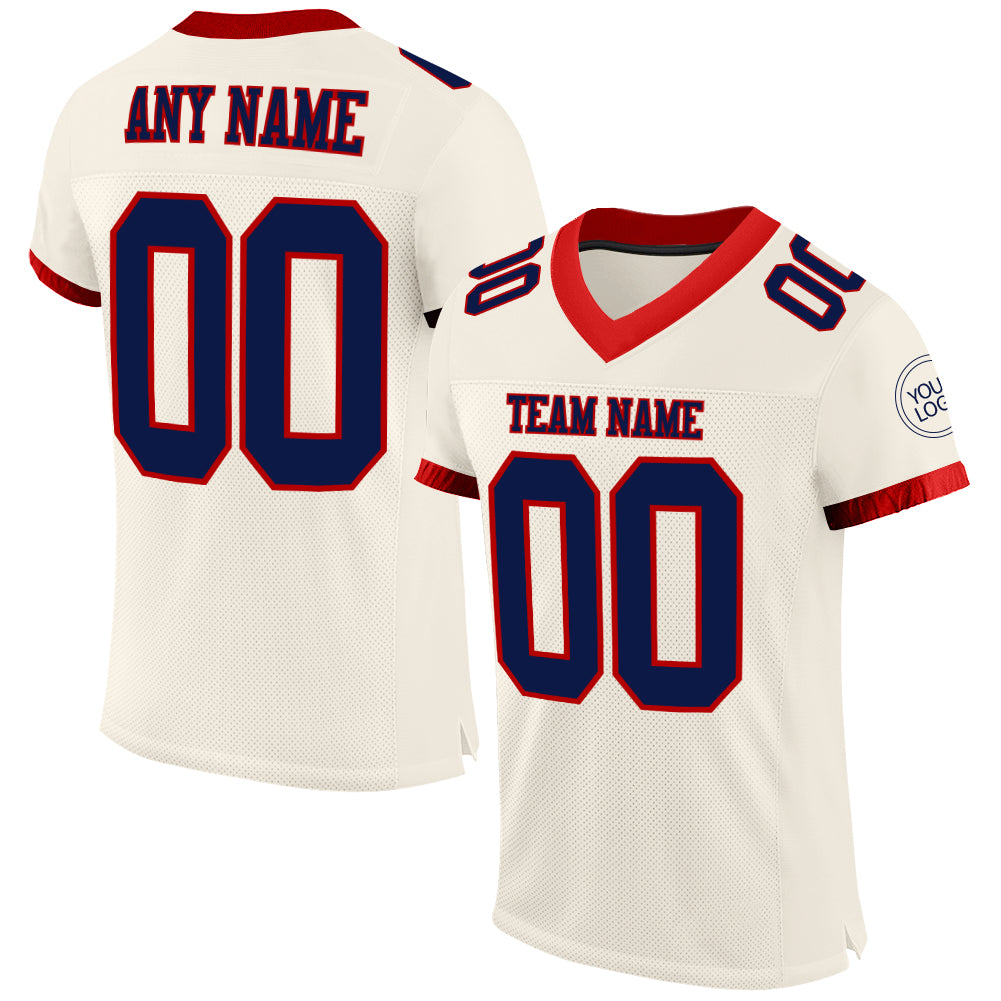 Custom Name and Number Authentic Football Jersey - Personalized Cream Navy-Red Mesh Personalized Cream Navy-Red Mesh Authentic