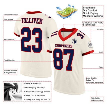 Personalized Football Jersey - Cream Navy-Red Mesh Design, Customizable Team Apparel Personalized Cream Navy-Red Mesh Football