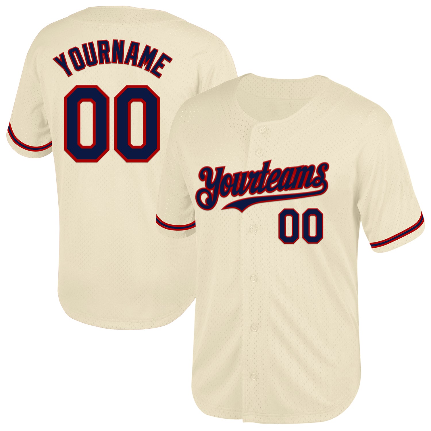 Personalized Throwback Baseball Jersey in Cream Navy-Red Mesh Personalized Cream Navy-Red Mesh Throwback Baseball Jersey