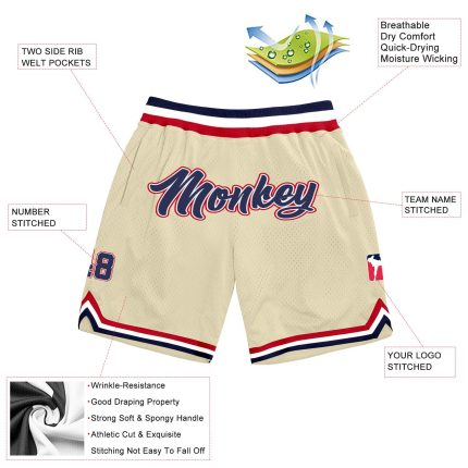 Personalized Basketball Shorts in Cream Navy and Red - Throwback Style Personalized Cream Navy-Red Throwback Basketball Shorts