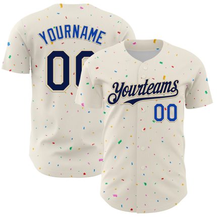 Personalized 3D Pattern Design Baseball Jersey with Custom Name and Number - Cream Navy Thunder Blue Confetti Design Personalized