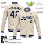 Personalized Navy White Varsity Letterman Bomber Jacket Full-Snap Cream Personalized Cream Navy-White Bomber Full-Snap Varsity