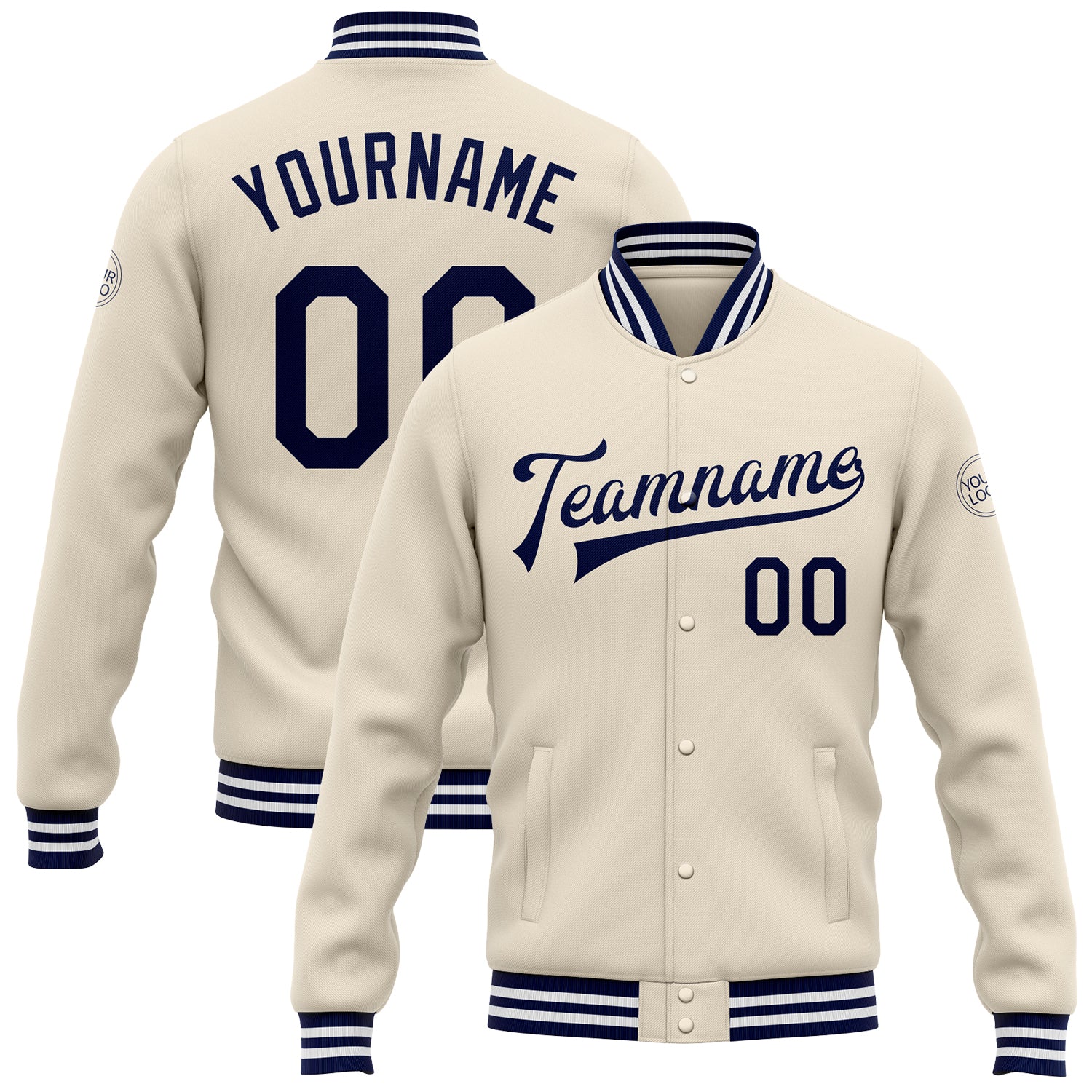 Custom Team Name Number Navy-White Bomber Full-Snap Varsity Letterman Jacket Personalized Cream Design Personalized Cream