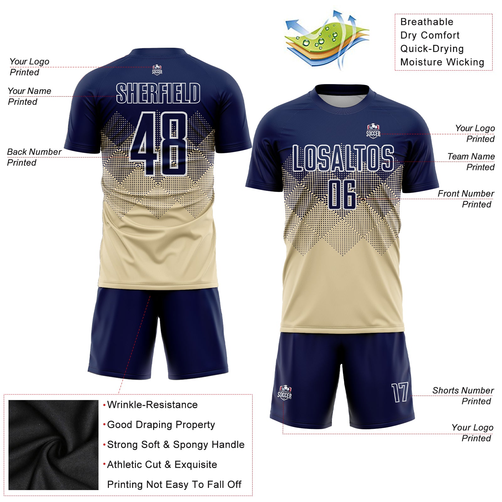Personalized Sublimation Soccer Jersey Navy-White Cream Uniform for Kids and Adults Personalized Cream Navy-White Sublimation - Image 3